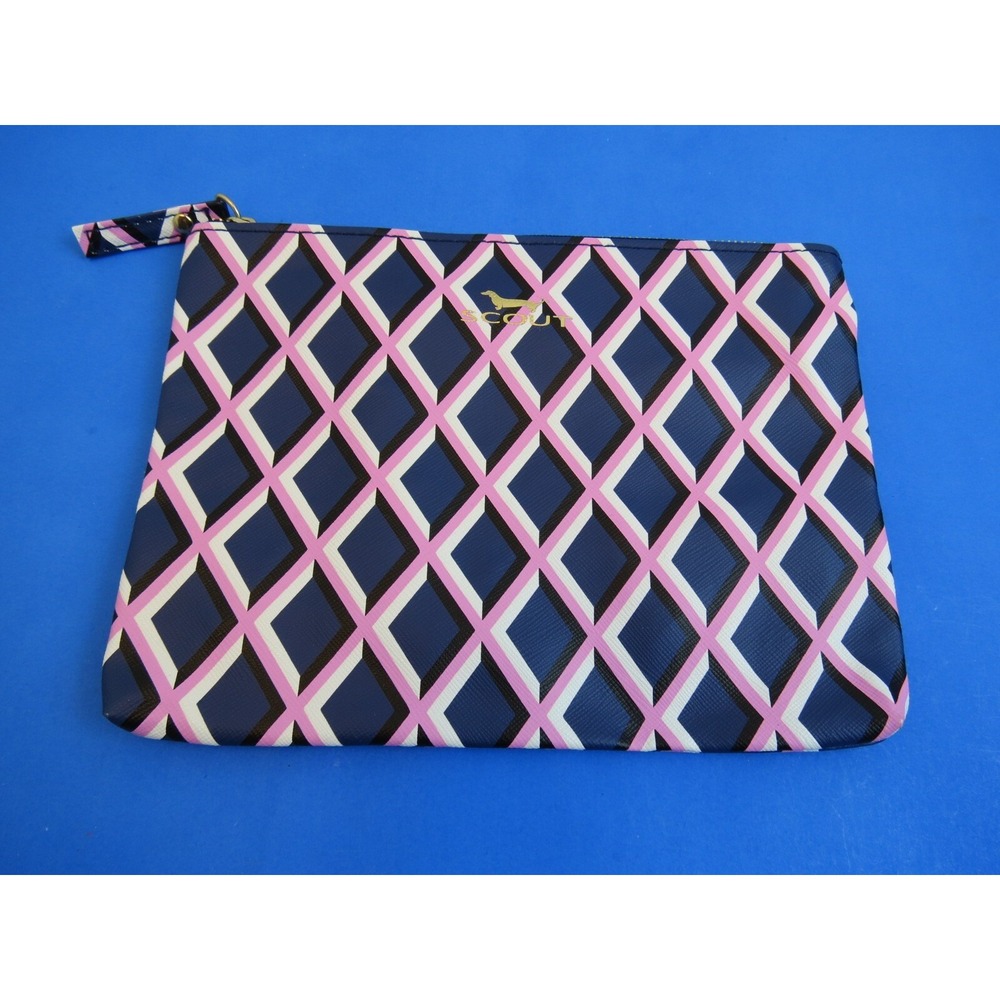 SCOUT Pouch Bag Blue Pink Diamond Stripe Makeup Bag Clutch Women Small